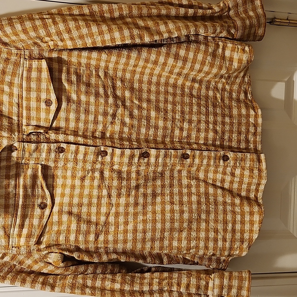 SEZANE EURIELLE Shirt Ochre Ecru Gingham Checks Organic cotton + linen | Size 6 - Picture 9 of 9